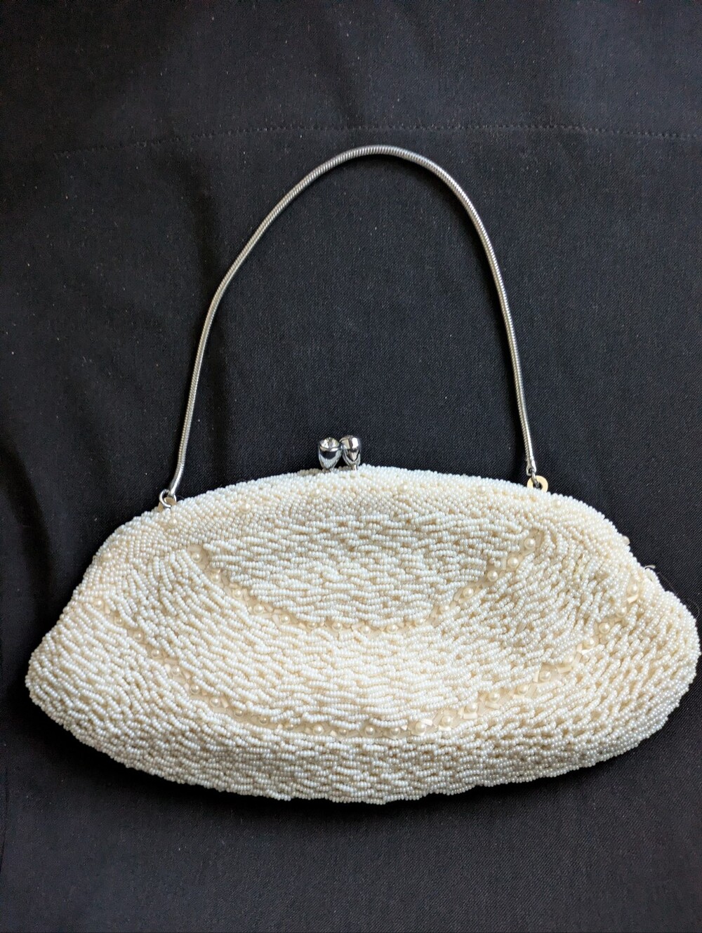 Beaded Ivory Evening Clutch with Silver Handle Vintage